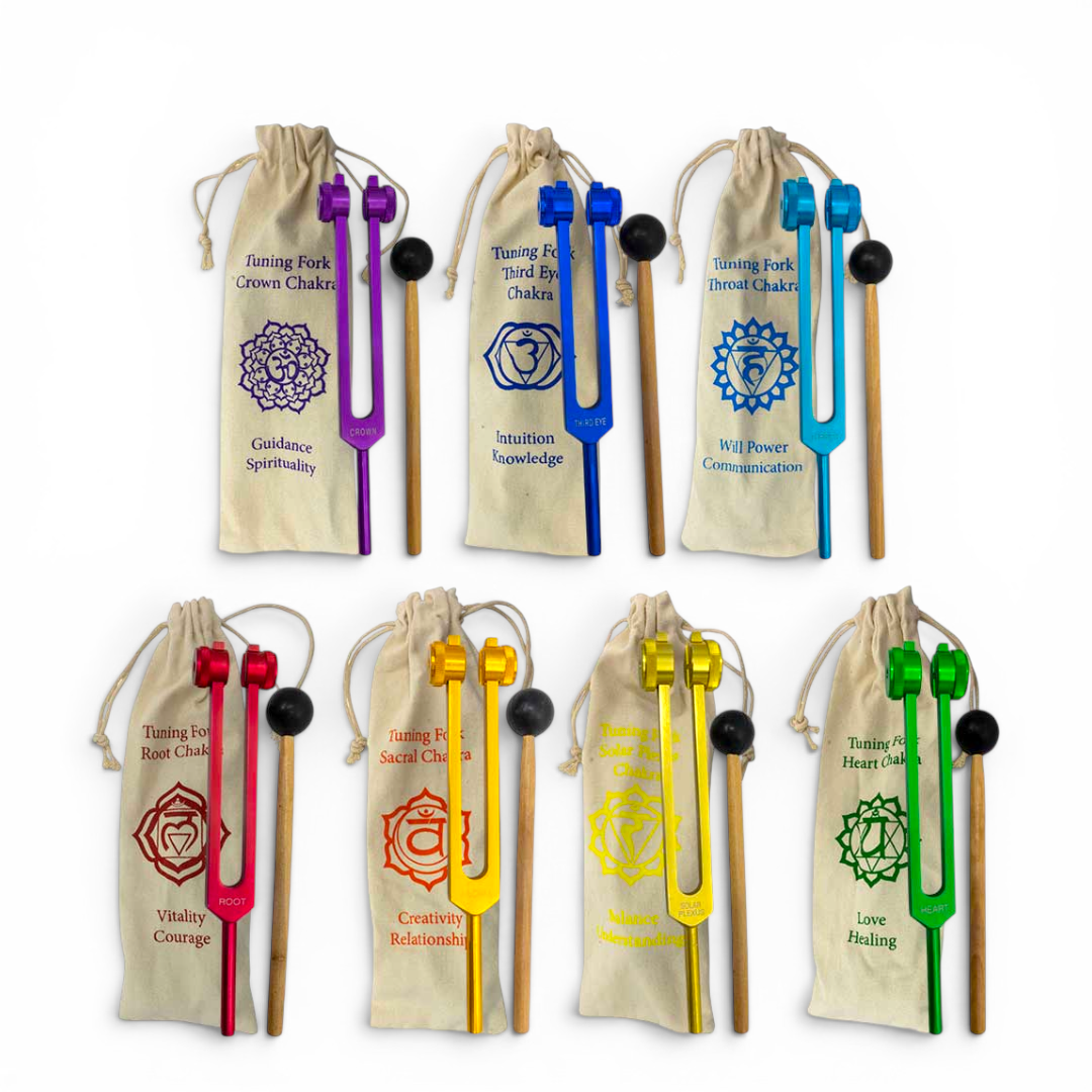 Complete set of 7 aluminum chakra tuning forks in all chakra colours with mallets and linen pouches