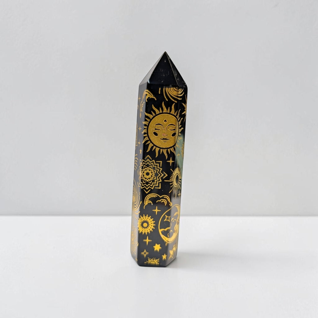 Black Obsidian Engraved Tower