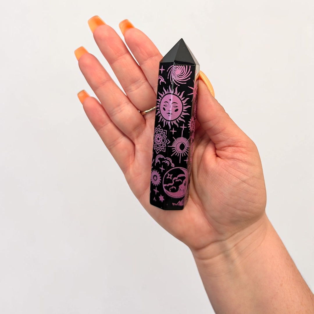 Black Obsidian Pink Engraved Tower