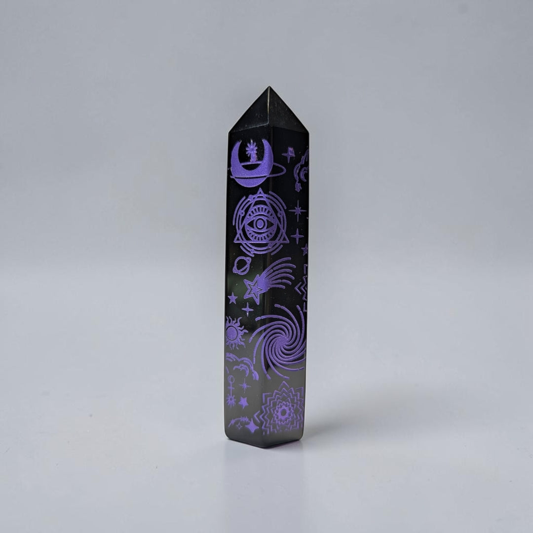 Black Obsidian Purple Engraved Tower