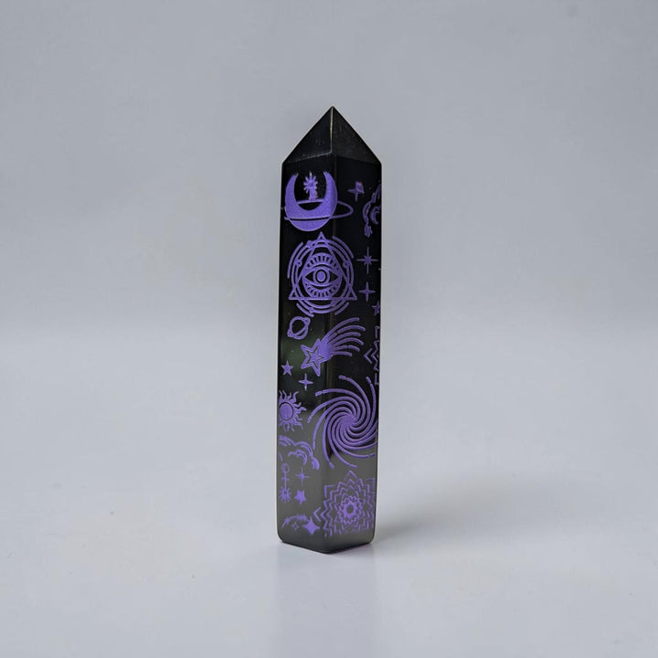 Black Obsidian Purple Engraved Tower