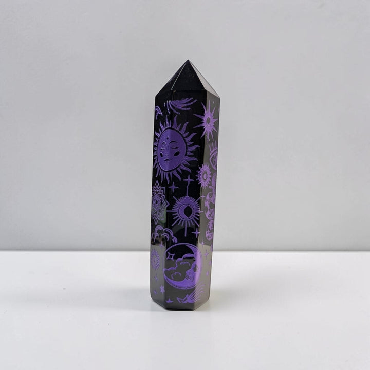 Black Obsidian Purple Engraved Tower