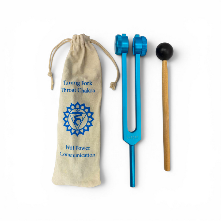 Blue aluminum Throat Chakra tuning fork at 141.27 Hz with wooden mallet and linen drawstring pouch