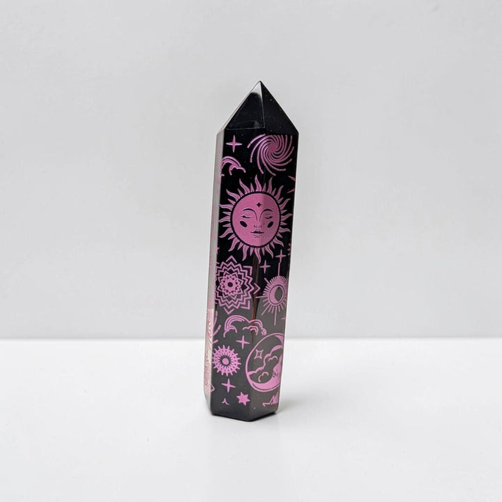 Black Obsidian Pink Engraved Tower