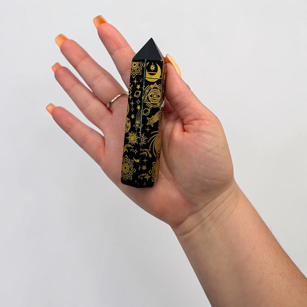 Black Obsidian Engraved Tower