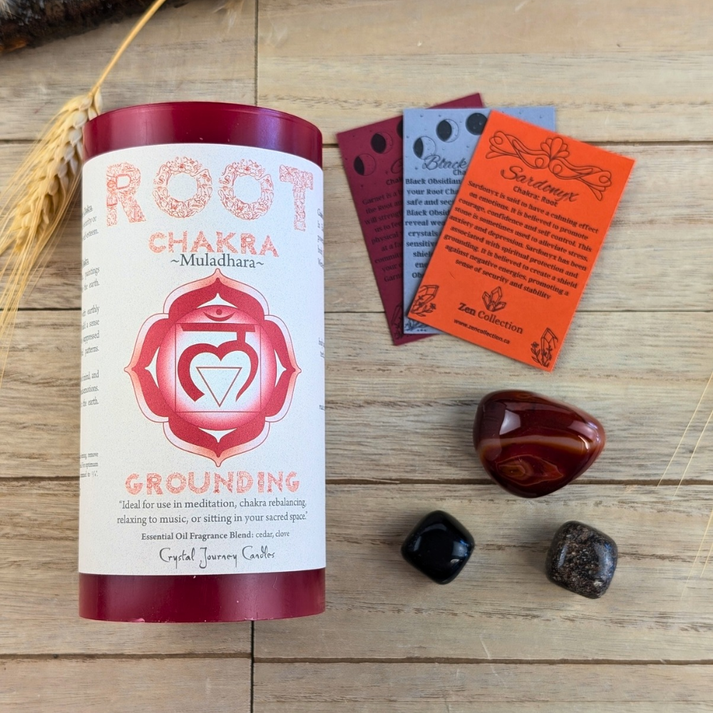 Root chakra set for grounding and protection using the combination of essential oils, red crystals and spiritual practices such as affirmation repetition or meditations to strengthen the energy flow within the root chakra