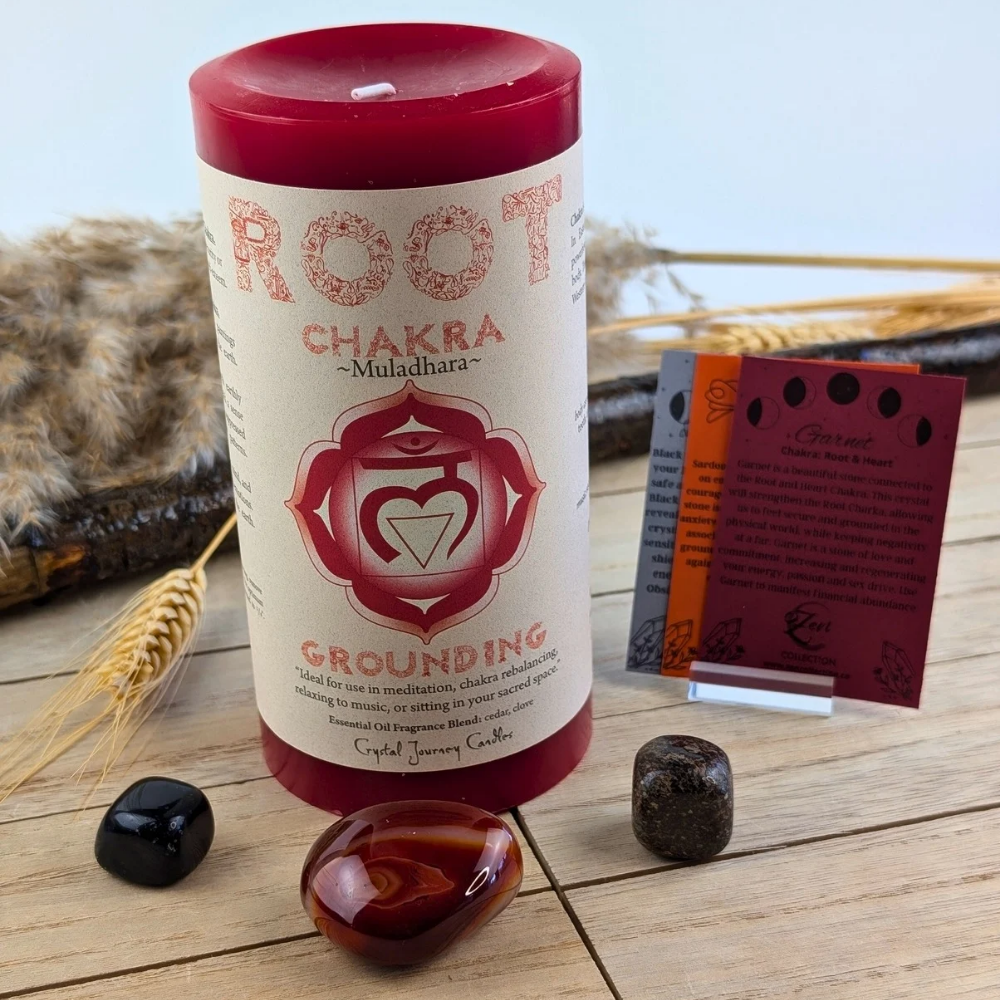 Root chakra set for grounding and protection using the combination of essential oils, red crystals and spiritual practices such as affirmation repetition or meditations to strengthen the energy flow within the root chakra