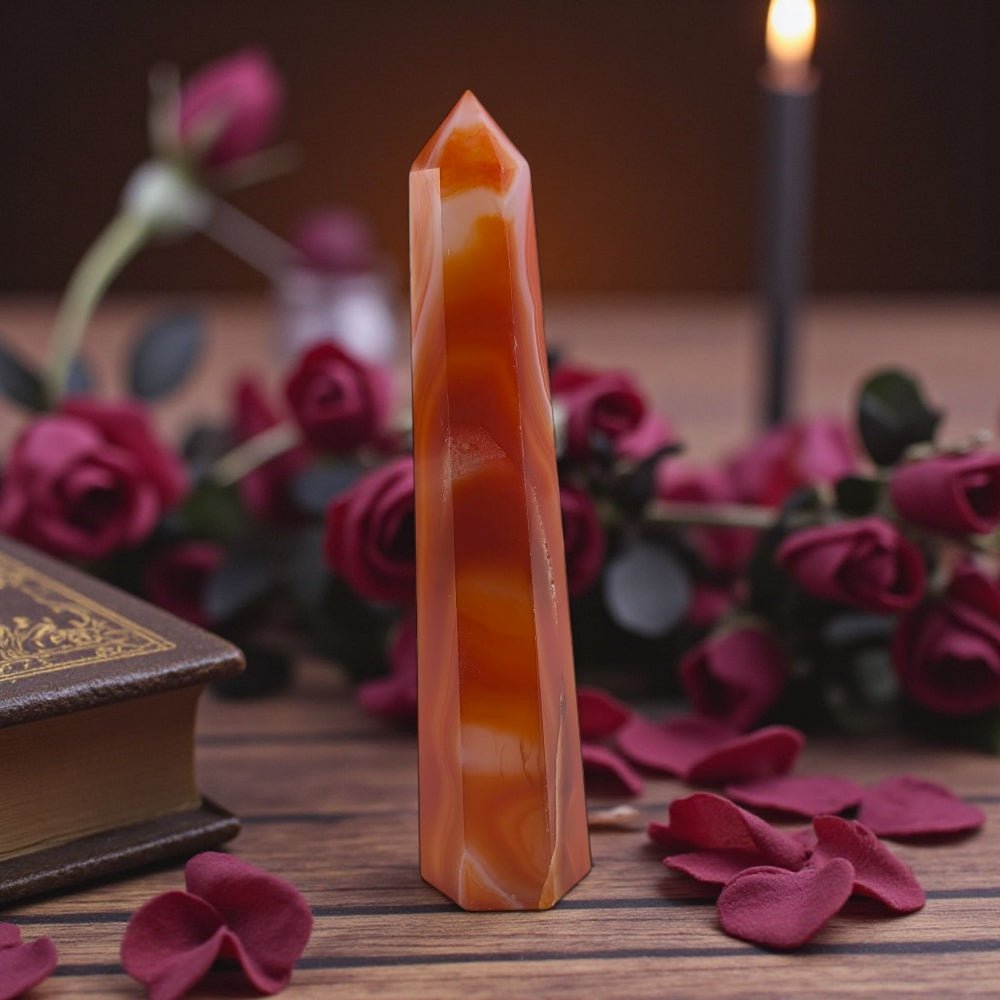 Orange Carnelian crystal on a wooden surface with flowers and a candle in the background  picture taken by Zen Collection Crystal Spiritual Store Barre 