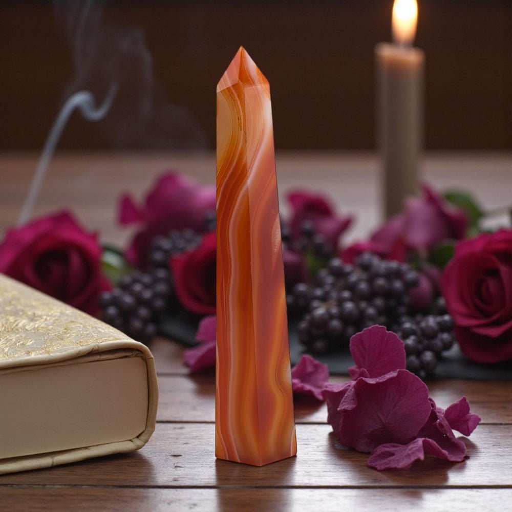Sacral Crystals Carnelian with swirling pattern placed on a wooden surface with flowers and a book. Picture taken by zen collection metaphysical store barrie