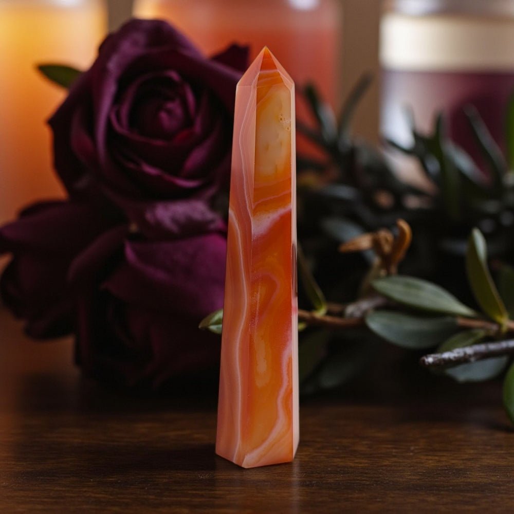 Sacral Crystals  such as this  Orange Carnelian Tower on a wooden surface with purple roses and greenery in the background picture taken by zen collection crystal  stores in barrie