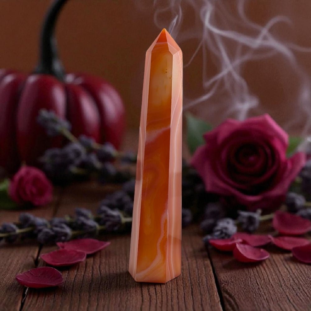 Sacral crystal  carnelian tower on a wooden surface with pumpkins and flowers picture taken by zen collection new age store 