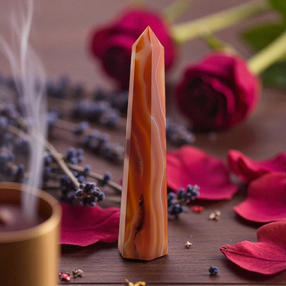 orange carnelian crystal with incense, red flowers, and lavender on a wooden surface picture taken by zen collection crystals stores in barrie