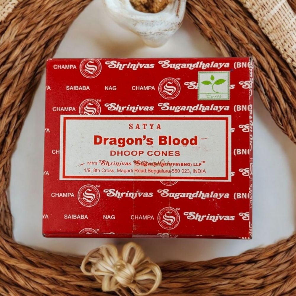 Satya Dragon’s Blood Dhoop Incense Cones – 12 Cones + Holder for Protection & Energy Cleansing