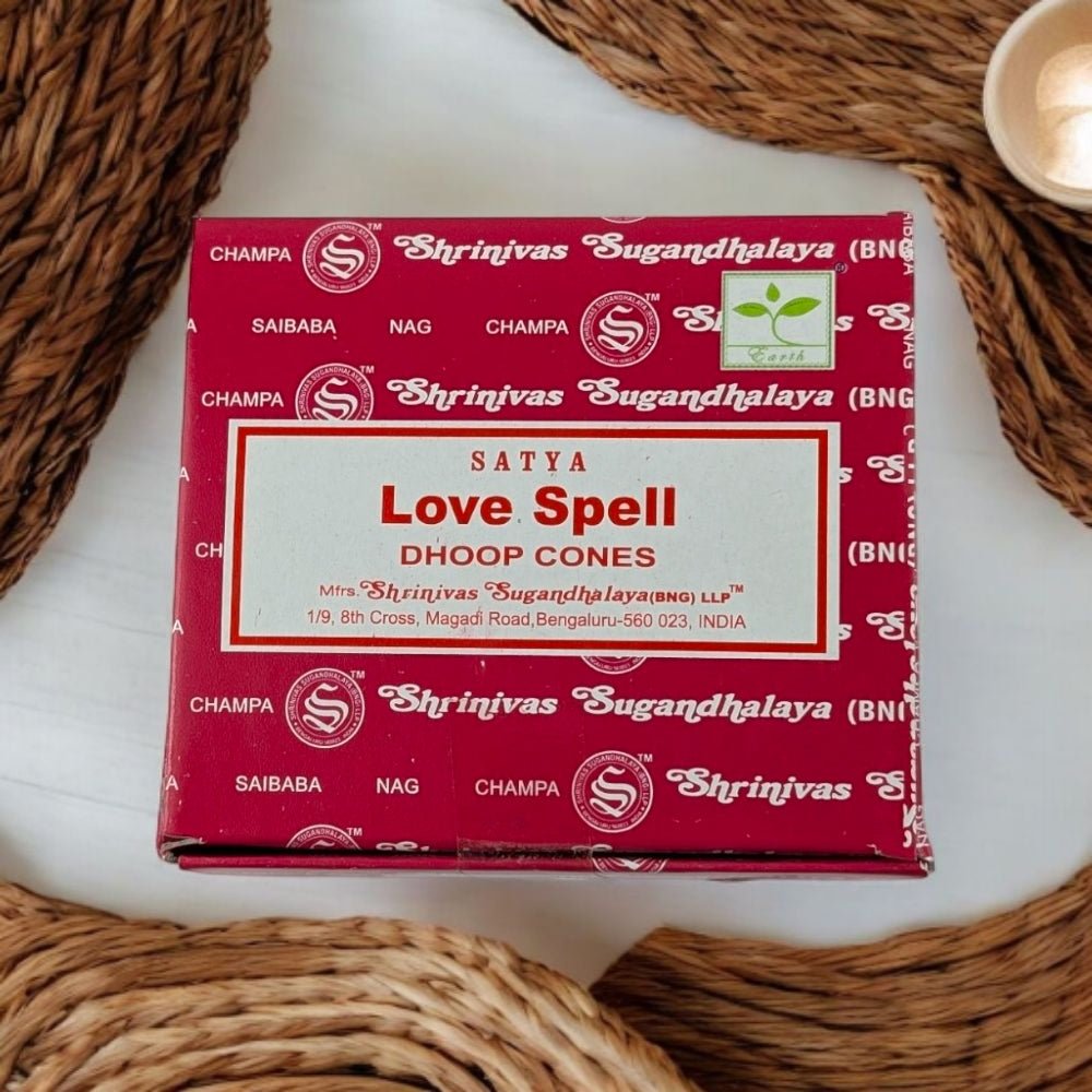 Satya Love Spell Dhoop Incense Cones – 12 Cones + Holder for Love & Romance