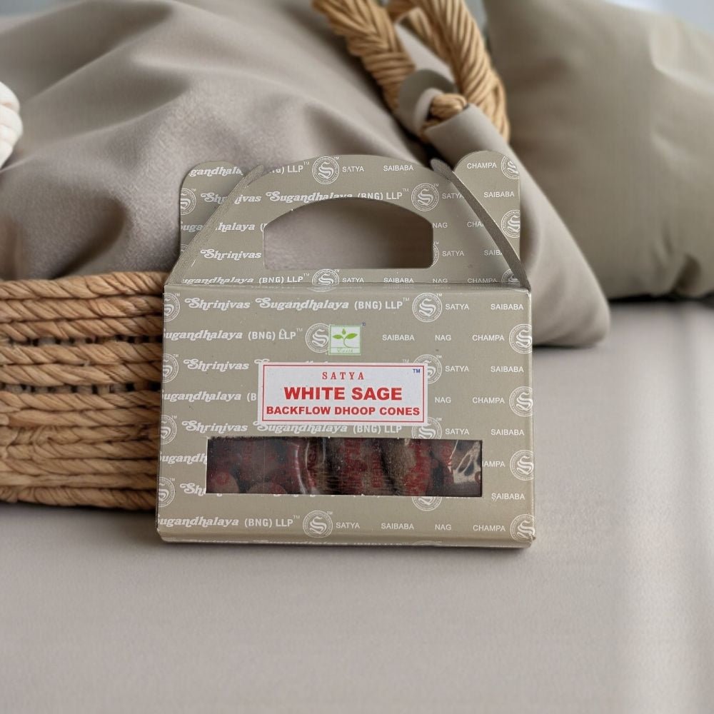 Box of Satya White Sage Backflow Dhoop Cones on a neutral background incense near me available at zen collection crystal shops in barrie