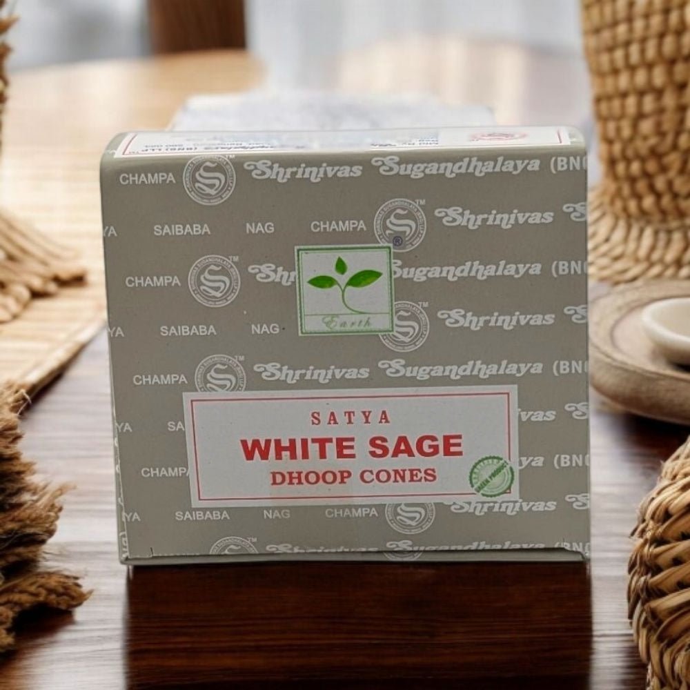 Satya White Sage Dhoop Incense Cones – 12 Cones + Holder for Cleansing & Protection