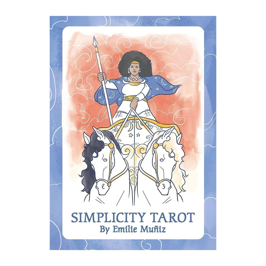 Simplicity Tarot deck box by Emilie Muñiz, showing a woman driving a chariot