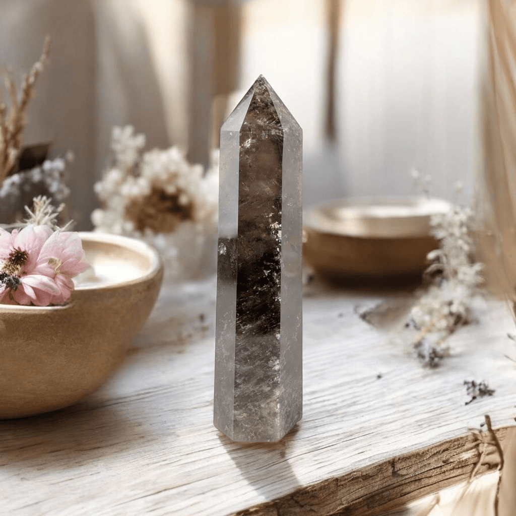 Smoky Quartz Tower standing upright on neutral background