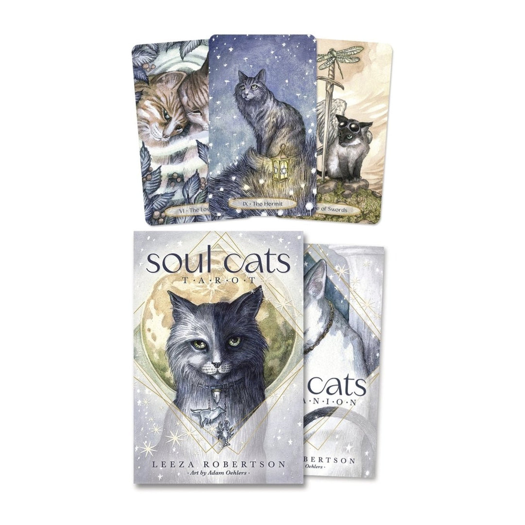 Soul Cats Tarot box and guidebook by Leeza Robertson, with three cards
