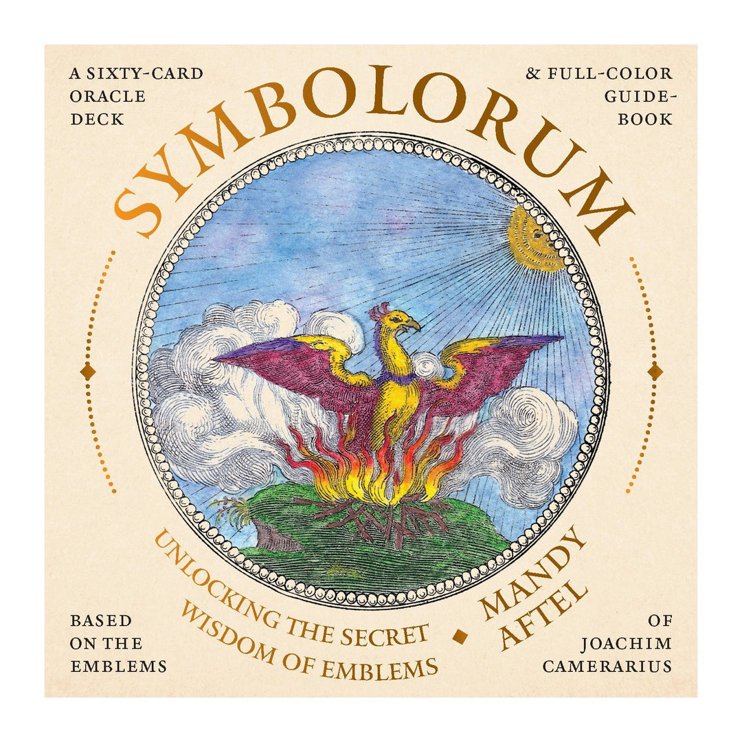 Symbolorum Oracle Cards box front by Mandy Aftel, with a phoenix rising from flames