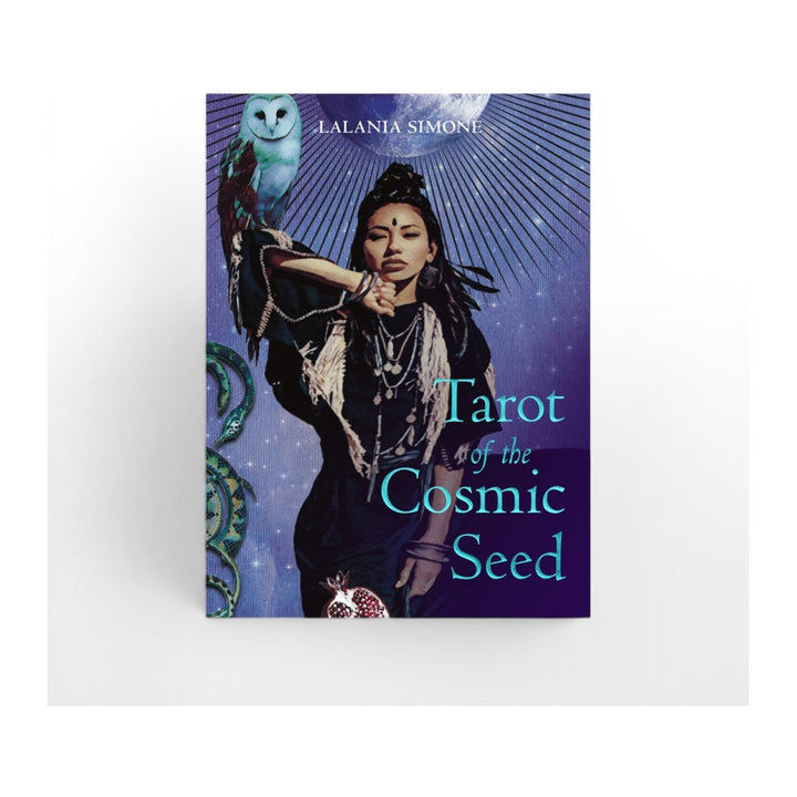 Tarot of the Cosmic Seed box front by Lalania Simone, showing a woman with an owl