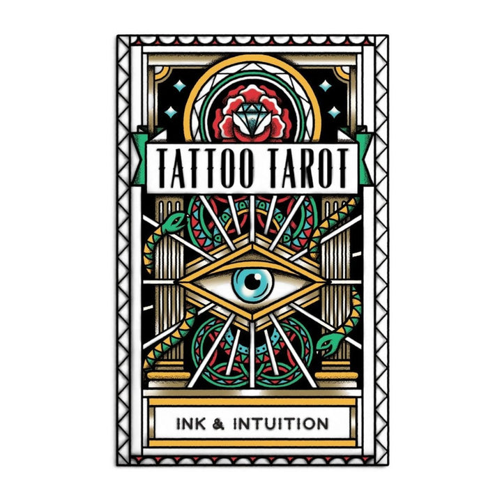 Tattoo Tarot box front, Ink &amp; Intuition, with an eye in a rose frame