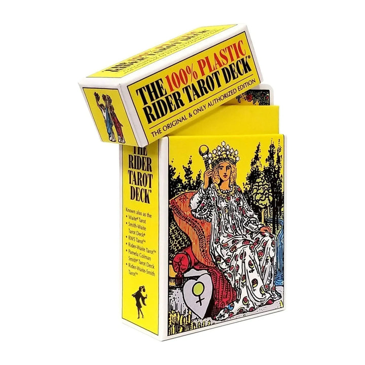 The 100% Plastic Rider Tarot Deck box with its lid lifted