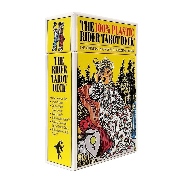 The 100% Plastic Rider Tarot Deck box standing at an angle