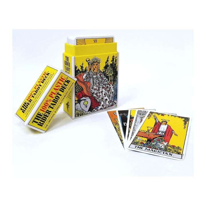 Open box of The 100% Plastic Rider Tarot Deck with cards fanned beside it
