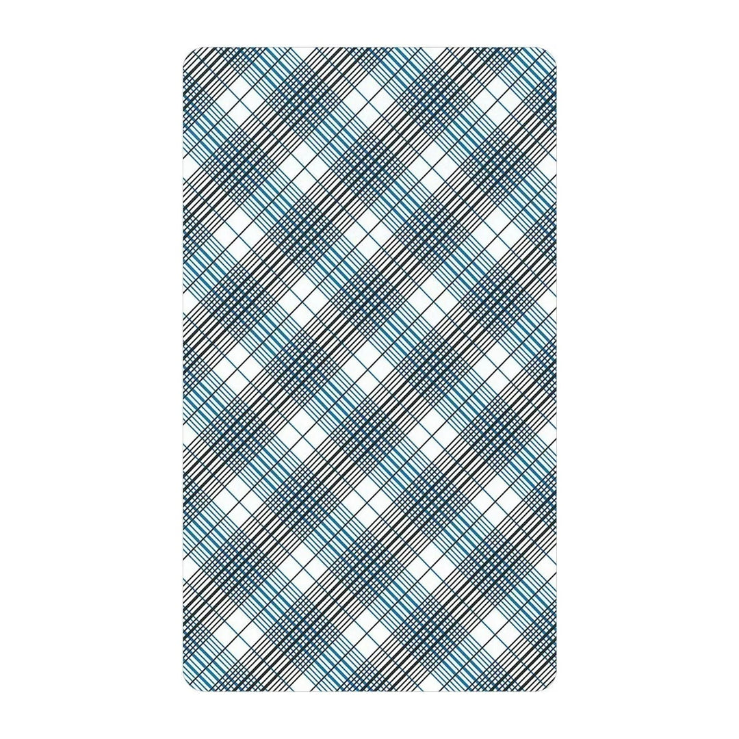 Card back of The 100% Plastic Rider Tarot Deck, with a blue plaid pattern