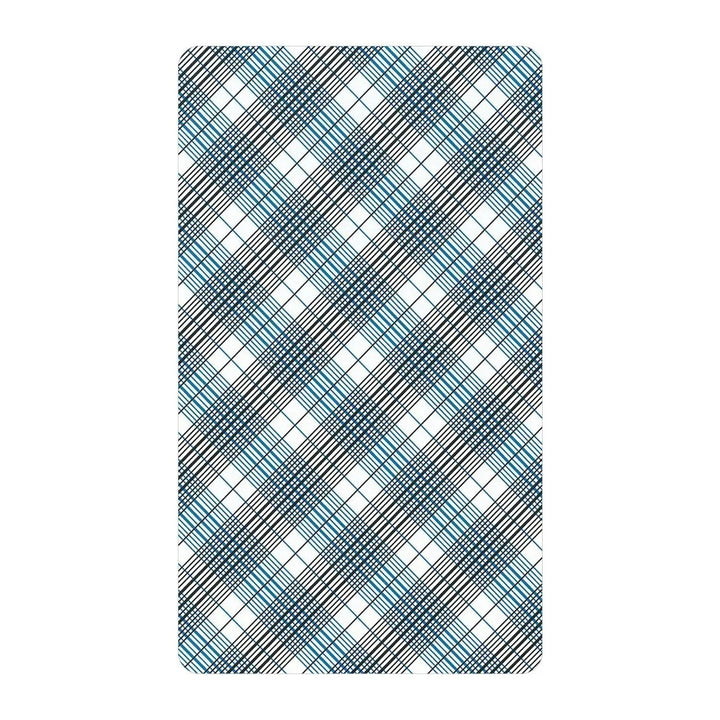 Card back of The 100% Plastic Rider Tarot Deck, with a blue plaid pattern