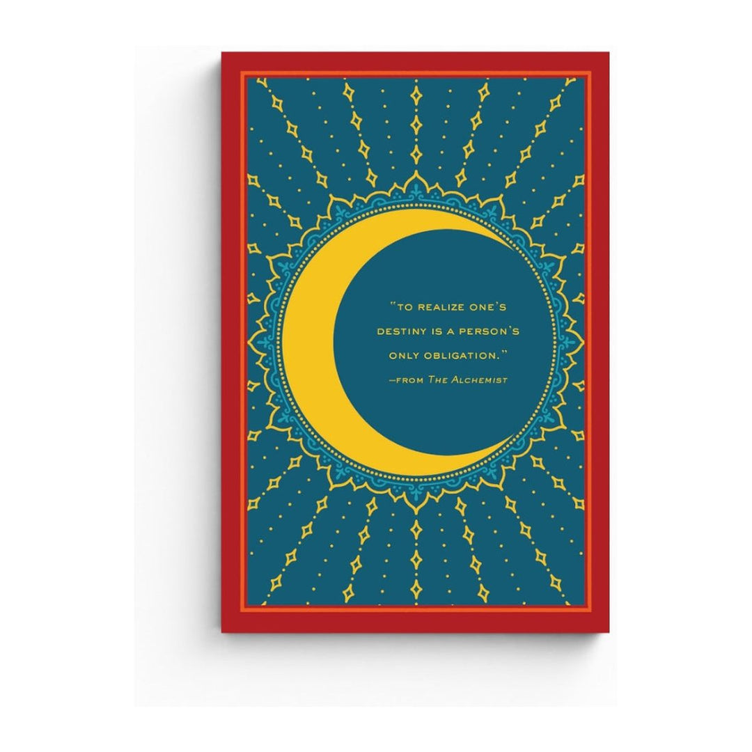 The Alchemist back cover, with a crescent moon and a quote