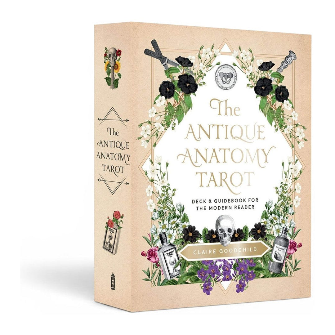 The Antique Anatomy Tarot box by Claire Goodchild, with a skull and flowers