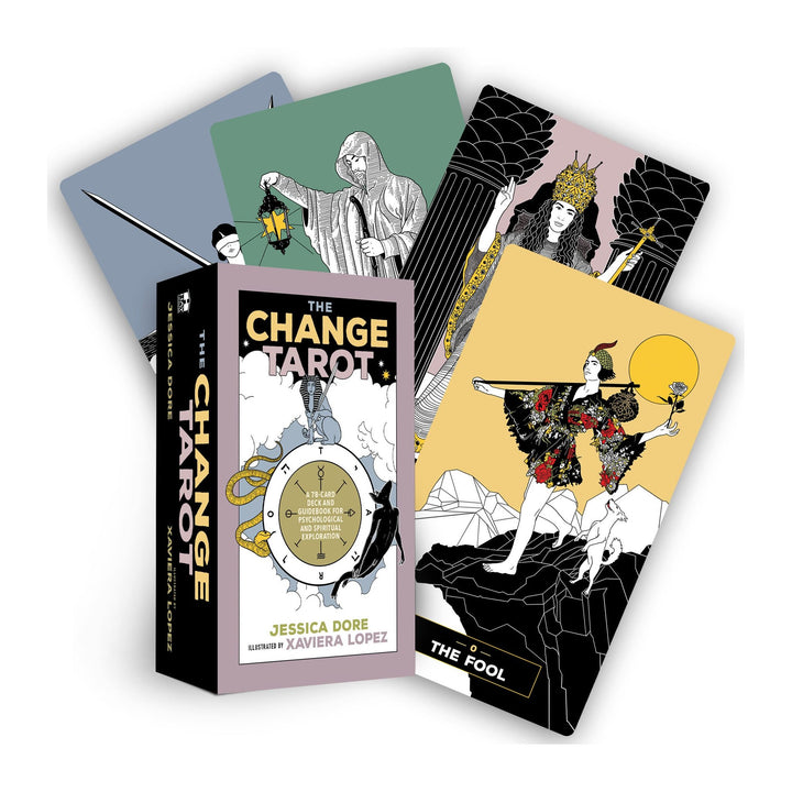 The Change Tarot deck box by Jessica Dore, with The Fool and three more cards