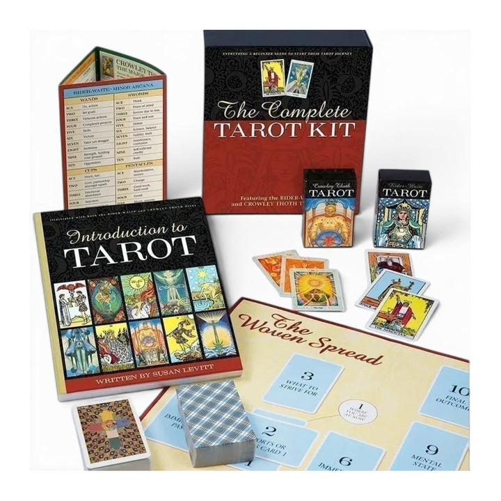 The Complete Tarot Kit contents: Introduction to Tarot book by Susan Levitt, two decks, a spread mat and a fold-out chart
