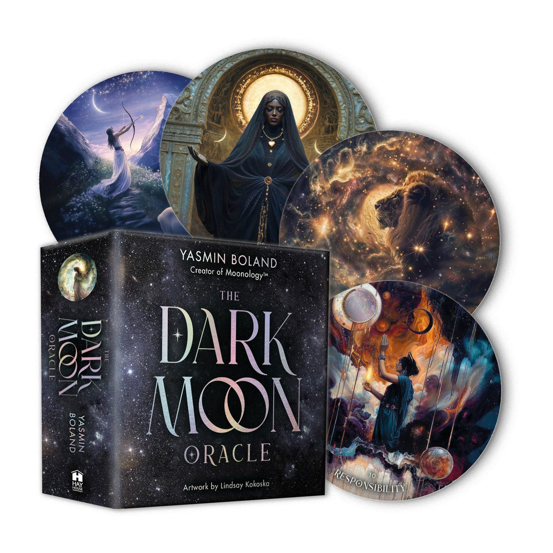 The Dark Moon Oracle box by Yasmin Boland, with four round cards