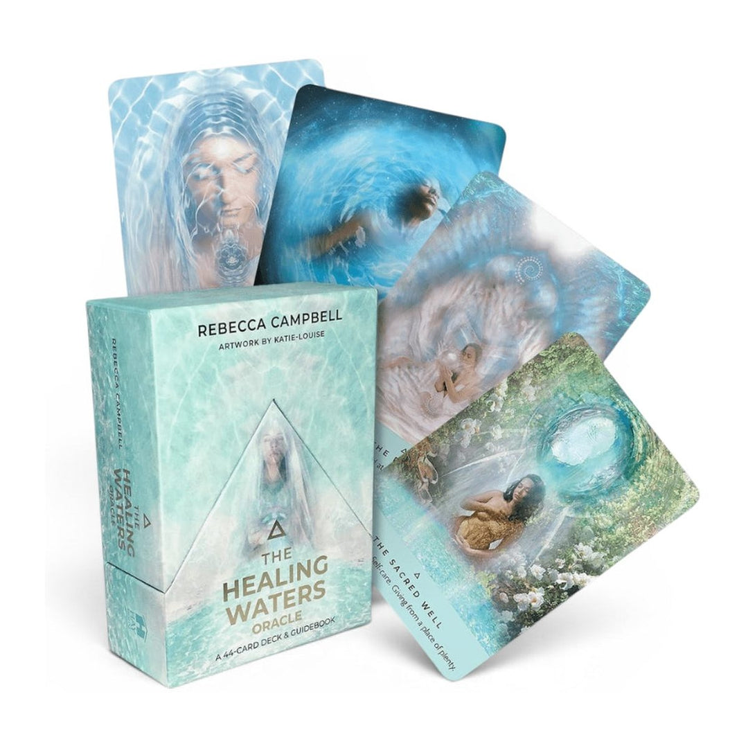 The Healing Waters Oracle deck box by Rebecca Campbell, with four cards