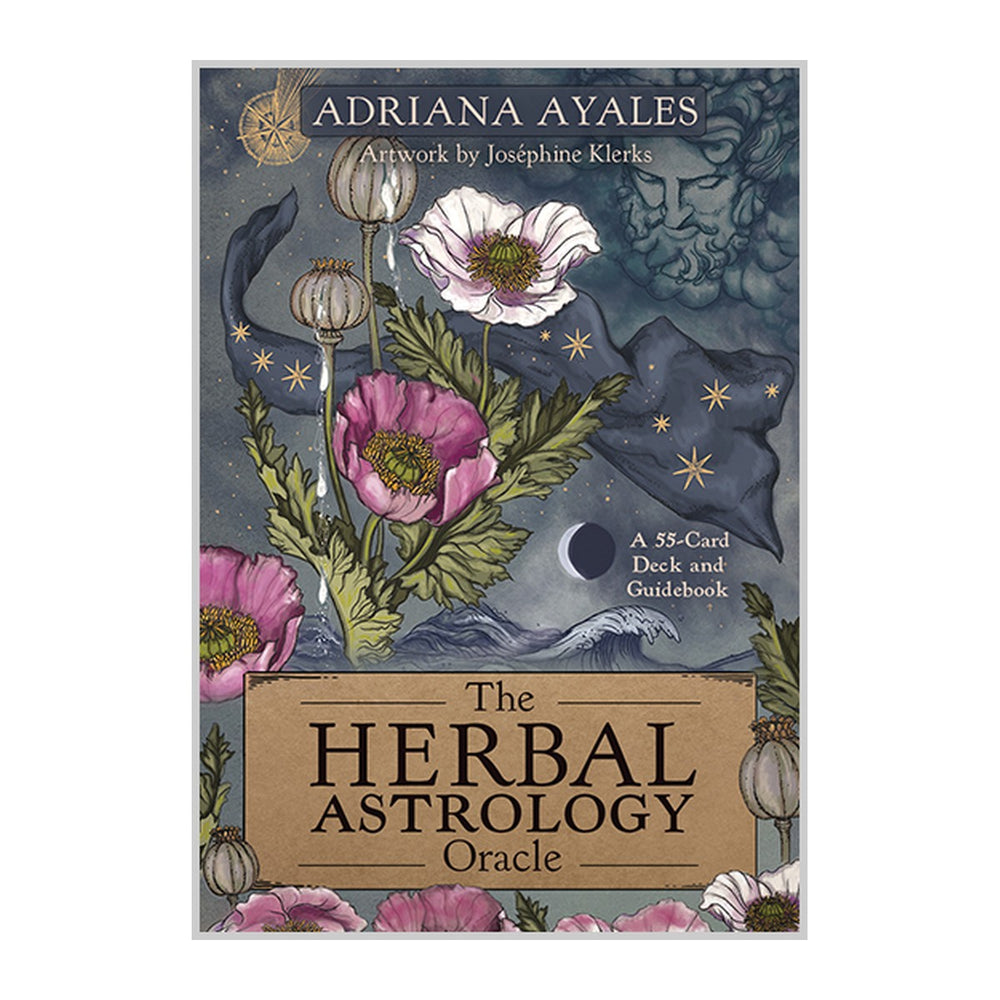 The Herbal Astrology Oracle box front by Adriana Ayales, with poppies and a crescent moon