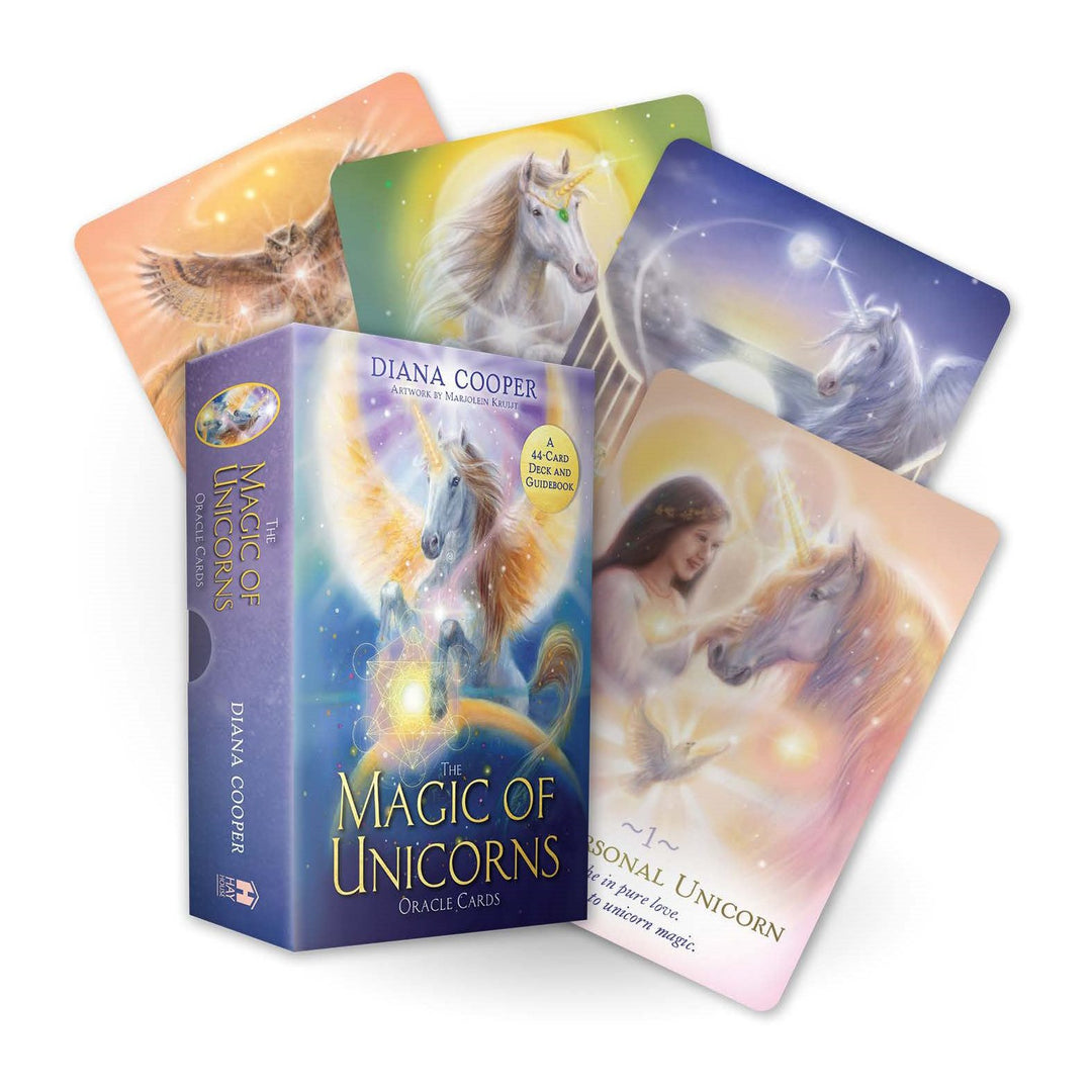 The Magic of Unicorns Oracle Cards deck box by Diana Cooper, with four cards