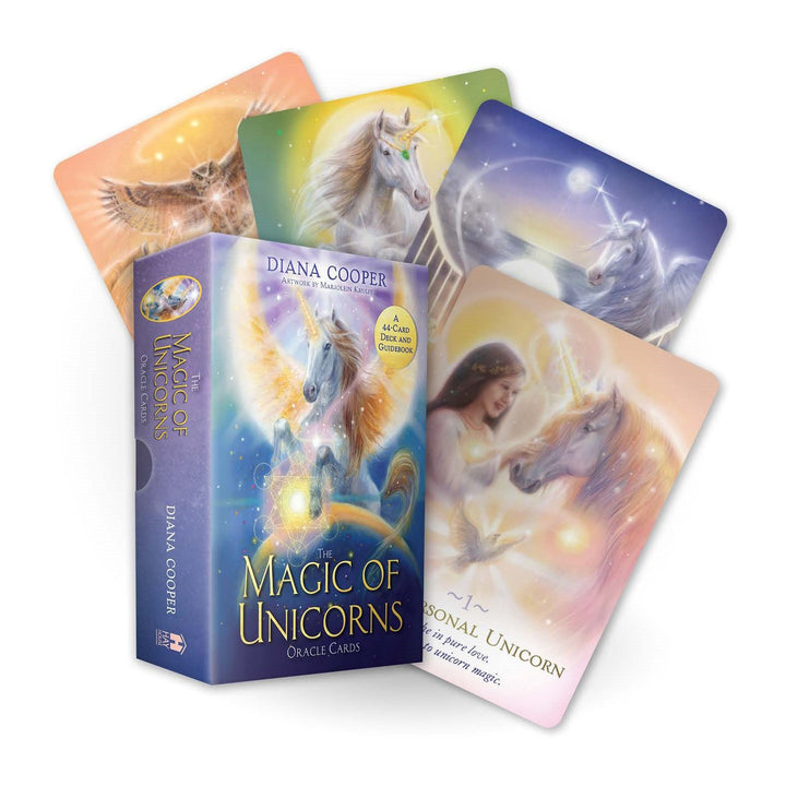 The Magic of Unicorns Oracle Cards deck box by Diana Cooper, with four cards