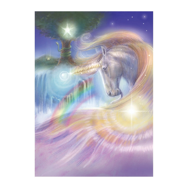 Unicorn with a rainbow mane under a starlit tree, card art from The Magic of Unicorns Oracle Cards