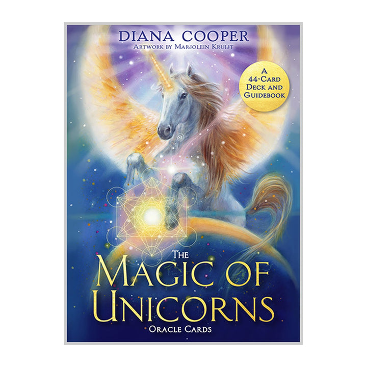 The Magic of Unicorns Oracle Cards box front by Diana Cooper, showing a winged unicorn