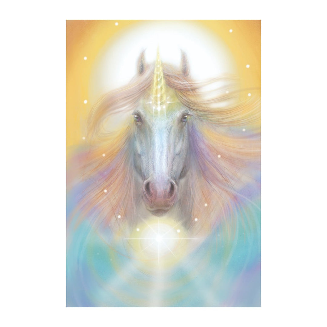 Unicorn face glowing in soft gold light, card art from The Magic of Unicorns Oracle Cards