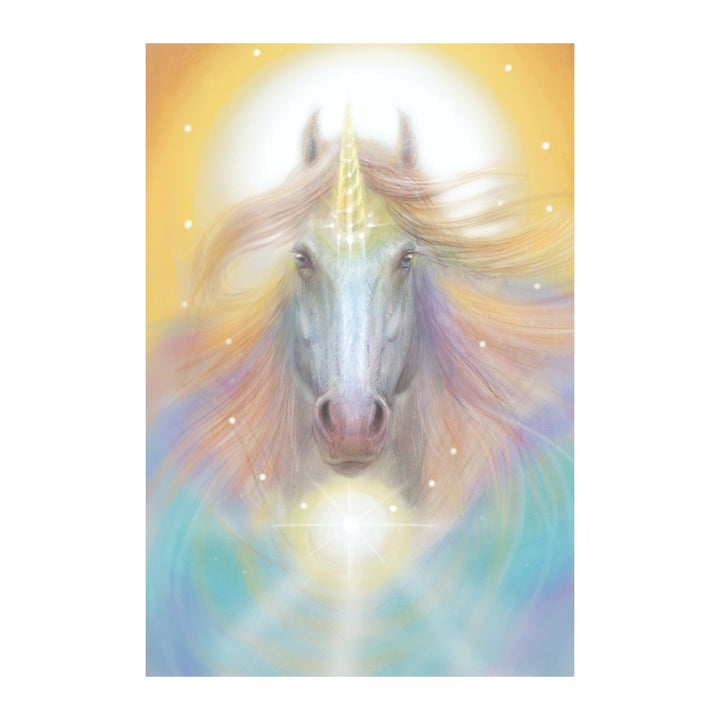 Unicorn face glowing in soft gold light, card art from The Magic of Unicorns Oracle Cards
