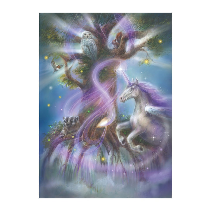 Unicorn beneath a great tree with an owl, card art from The Magic of Unicorns Oracle Cards