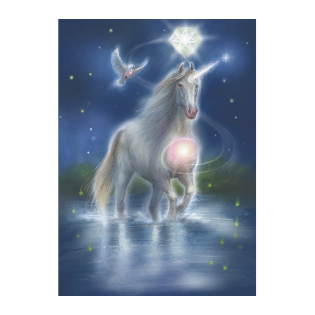 White unicorn walking through water under the stars, card art from The Magic of Unicorns Oracle Cards