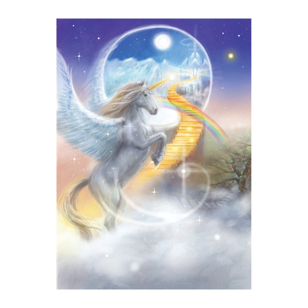 Winged unicorn rising from clouds by a golden stairway, card art from The Magic of Unicorns Oracle Cards