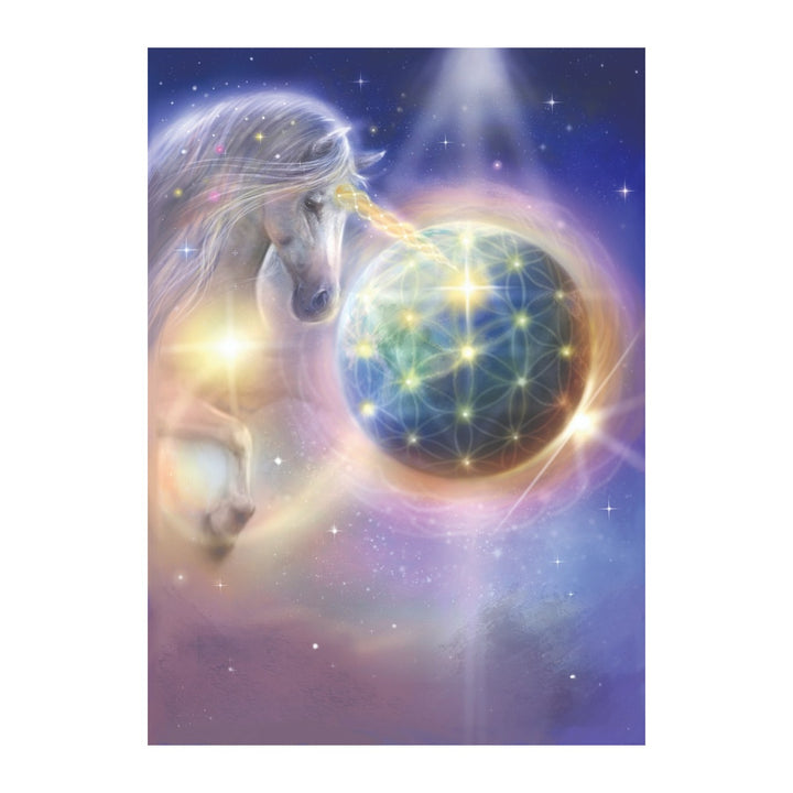 Unicorn beside a glowing starry globe, card art from The Magic of Unicorns Oracle Cards
