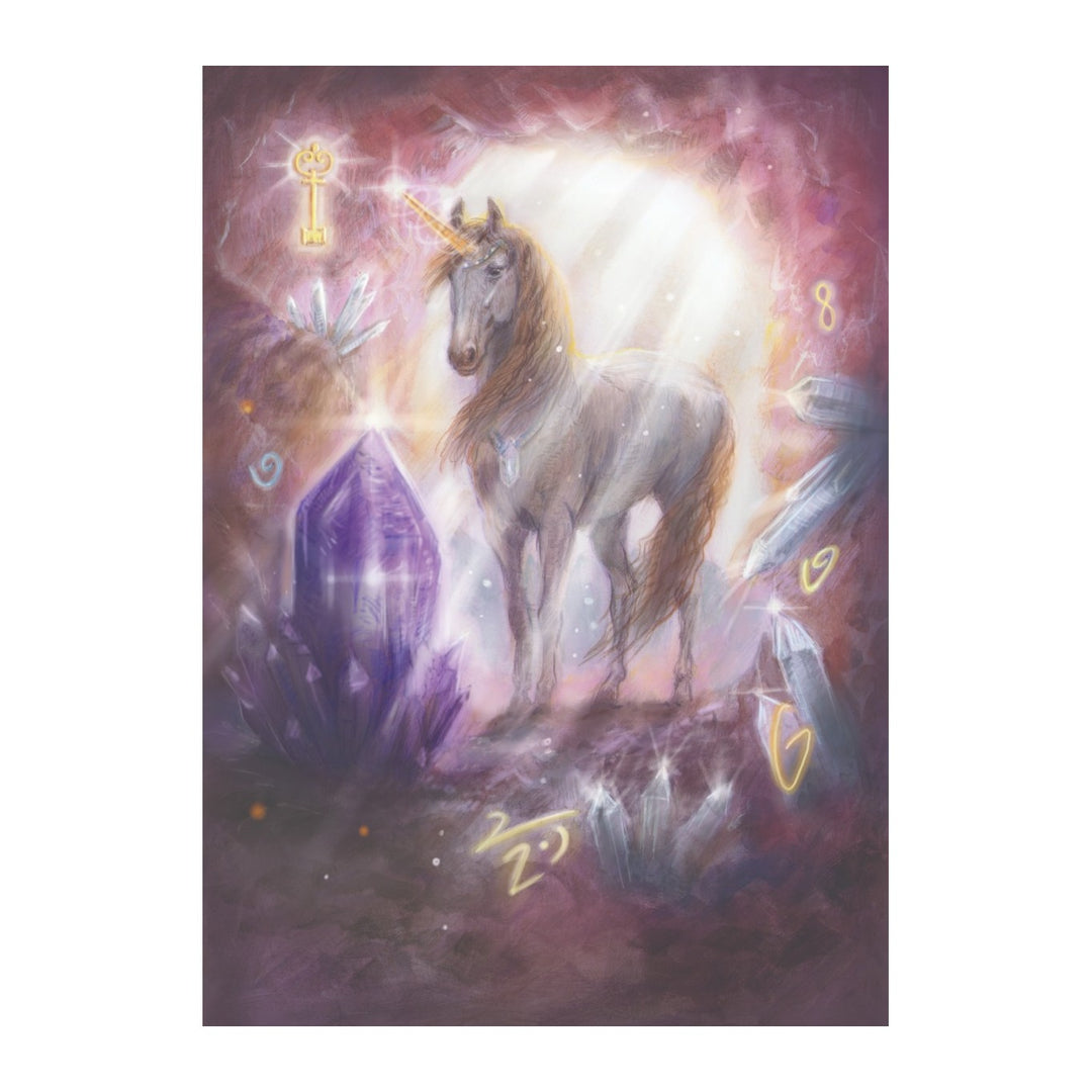 Unicorn among purple crystals in a cave, card art from The Magic of Unicorns Oracle Cards