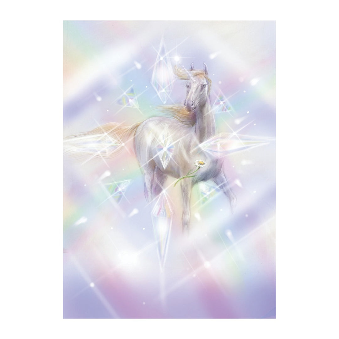Unicorn in a burst of crystal light, card art from The Magic of Unicorns Oracle Cards